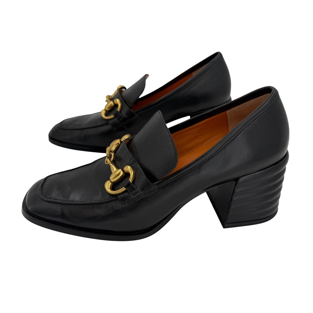 Saint G Black Leather Horsebit Heeled Loafers Square Toe Block Heel Italy 39 8.5